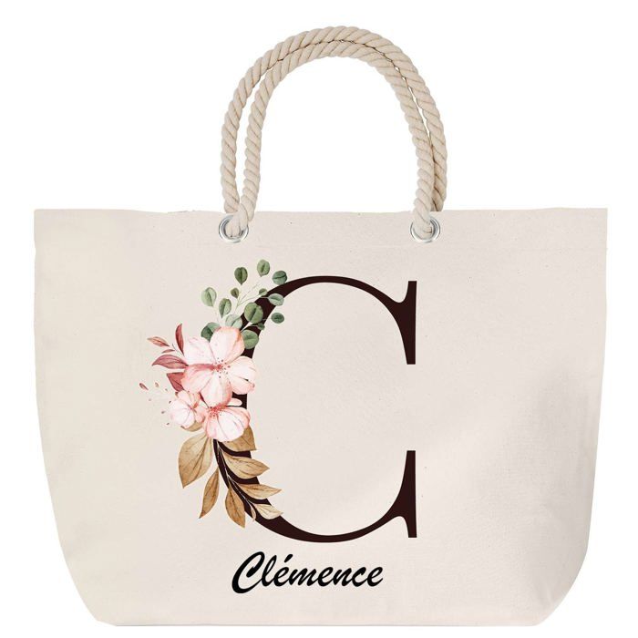 Sac de plage avec anse corde Clémence Lettre Fleur Cadeau Anniversaire Noël | Grand Sac de Transport & Sport