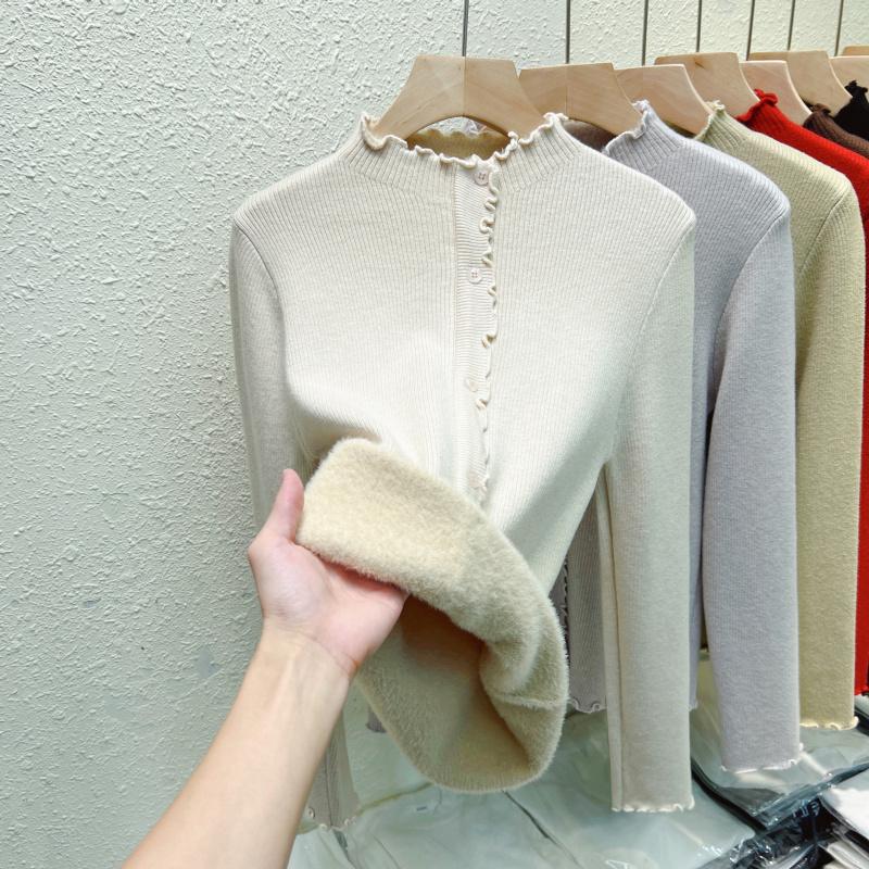

2024 Новый полуводолазка из утолщенного бархата, зимний женский свитер с длинным рукавом, повседневный вязаный свитер с загнутыми краями и пуговицами 1900 2XL легкие хаки