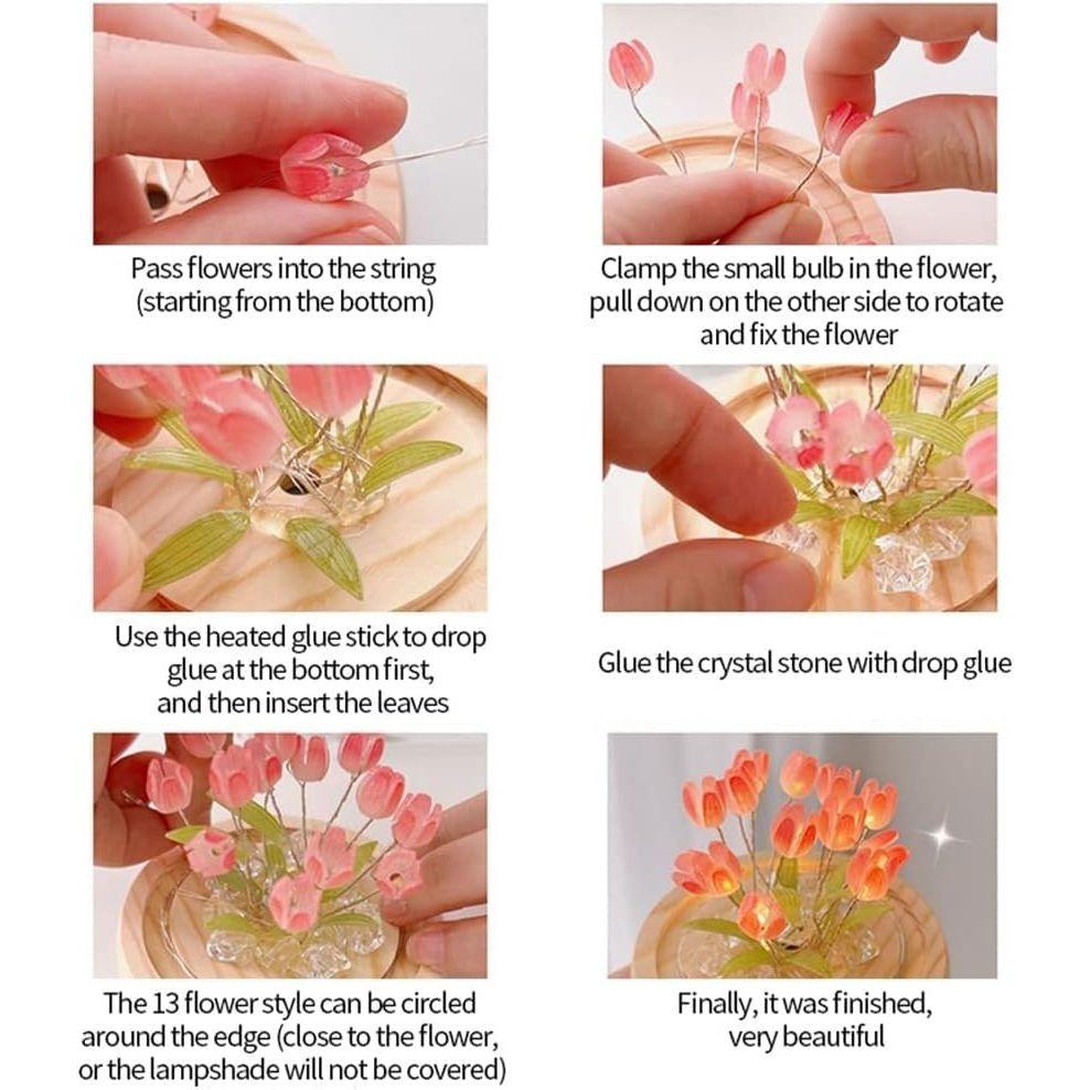 Romantické tulipánové noční světlo | Na baterie pro domácí dekoraci, Jemná růžová záře, Ideální dárek pro blízké, 9 DIY tulipánových květů