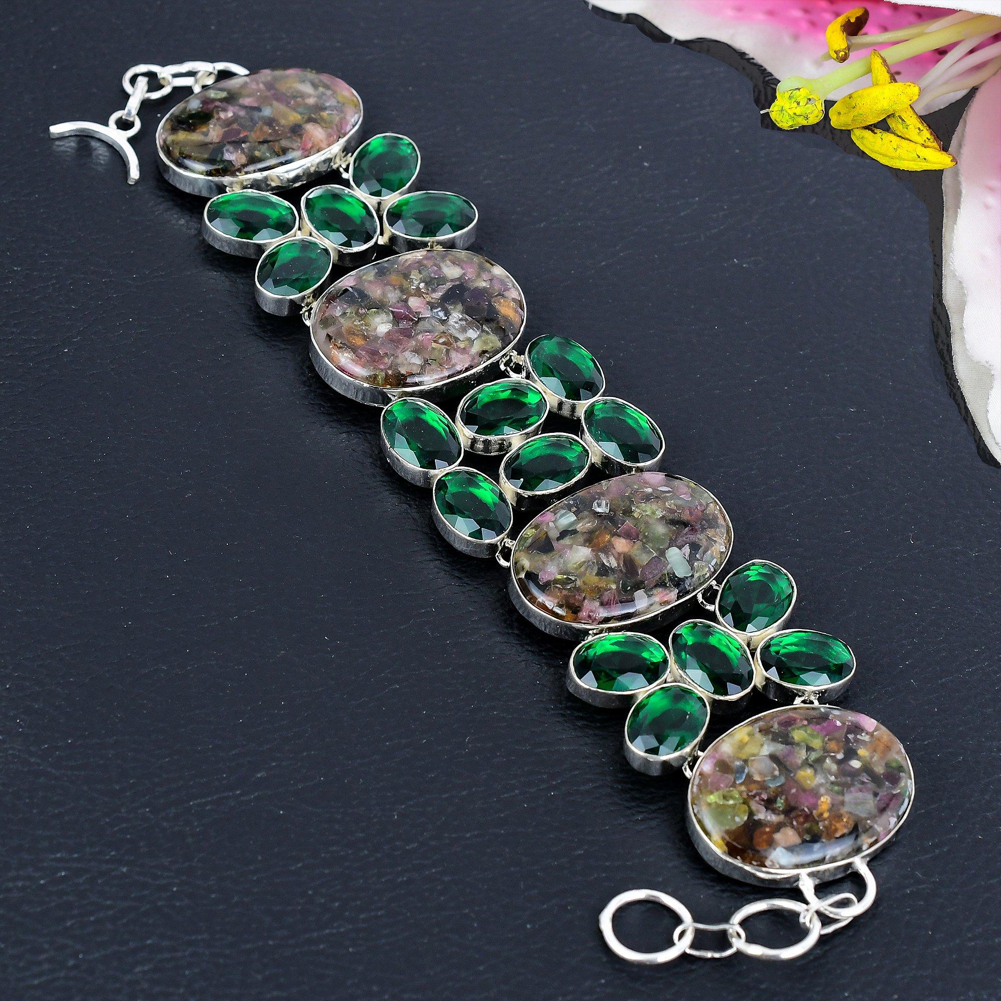 

Watermelon Tourmaline, Diopside Gemstone 925 Sterling Silver Bracelet 7-8 KG-1824