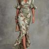 Women's Floral Midi Dress V Neck Ruffle Sleeve Ruched Slim Fit Asymmetrical Dress