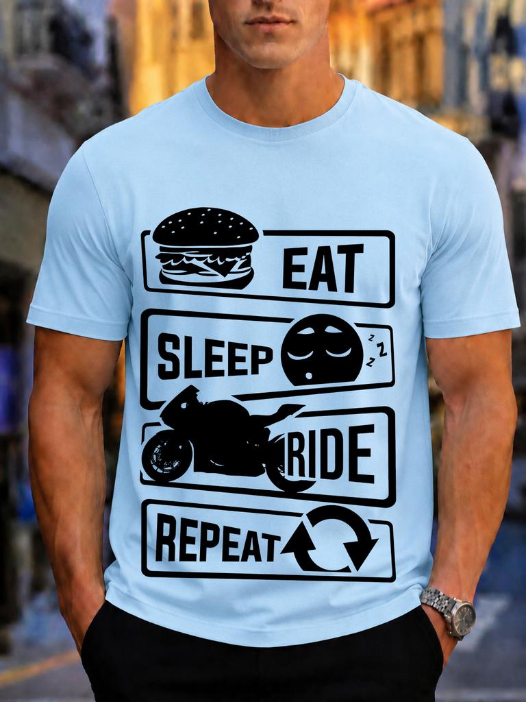 2026 New Arrival 100 Cotton Tshirt Eat Sleep Ride Repeat Motorcycle Burger Biker Slogan Print Crew Neck Casual Tee