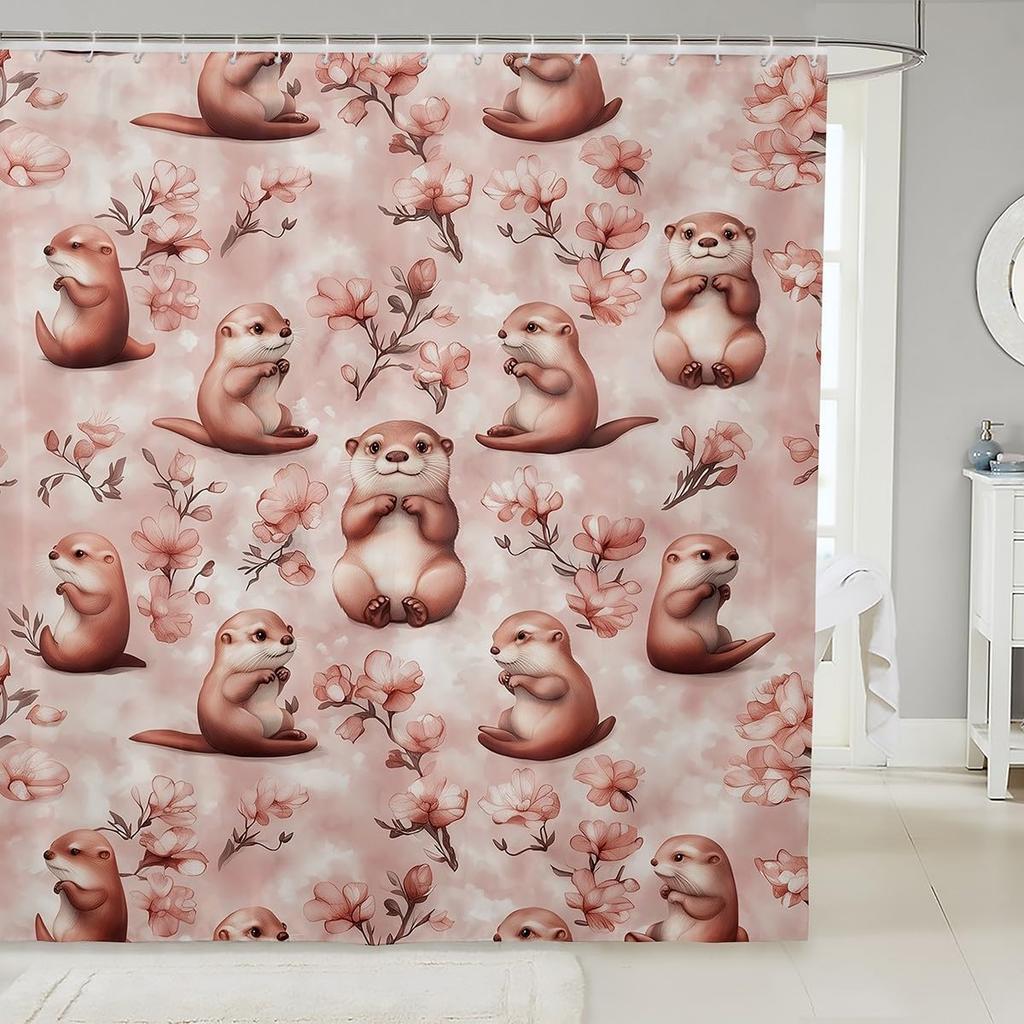 Cartoon Black Cat Shower Curtain Retro Pink Cherry Blossom Wild Flowers Bathroom Curtain Kids Teens Adults Cute Animal Vintage