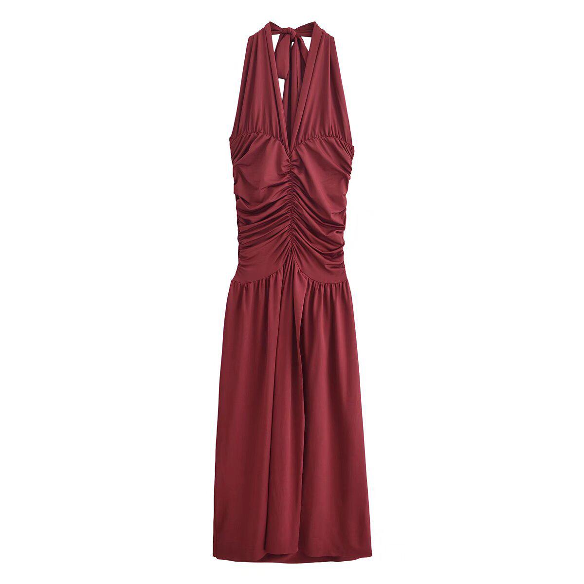 

Зимнее женское платье 2024 года в европейском и американском стиле с вырезом халтер и облегающее талию L красный