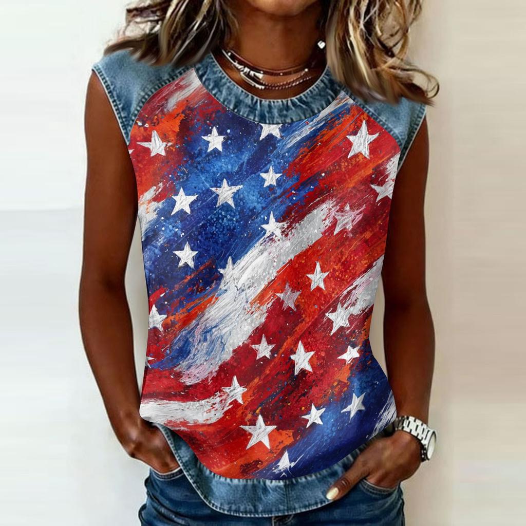 Women's Casual Sleeveless Pullover Tank Top Round Neck Independence Day Print Sleeveless Blouse Summer Outdoor Shirt