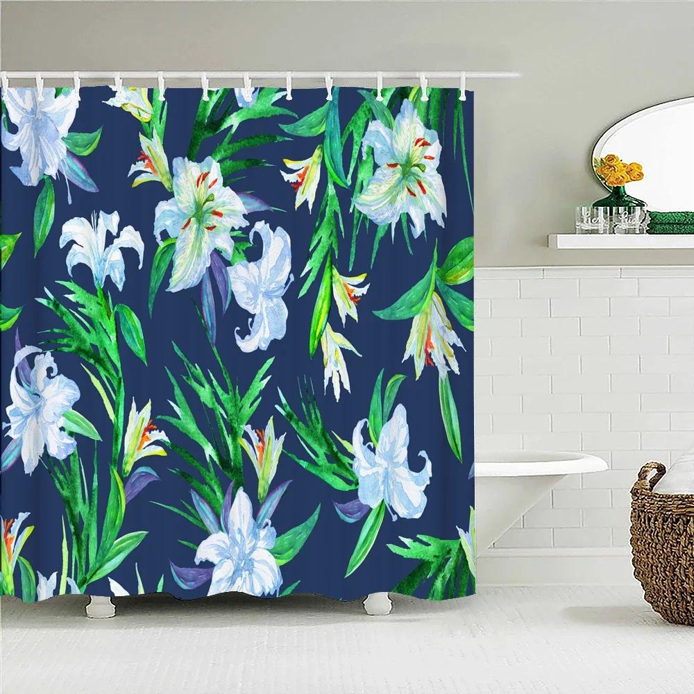 Nordic style Flower Leaf Plant Printed Fabric Shower Curtains Floral Bath Screen Waterproof Products Bathroom Decor with Hooks
