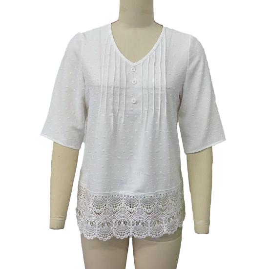 Women V-Neck Hem 45720 Sleeve Casual Shirt Jacquard Decor Solid Color
