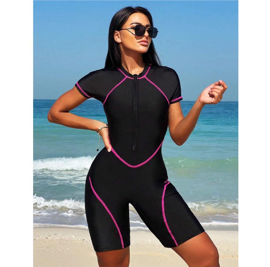 

Slim Rush Guard Surfing Swimsuit Women One Piece with Zipper Black Swimwear Female Bathers Bathing Swimming Swim Suit XS гарячі рожевого кольору