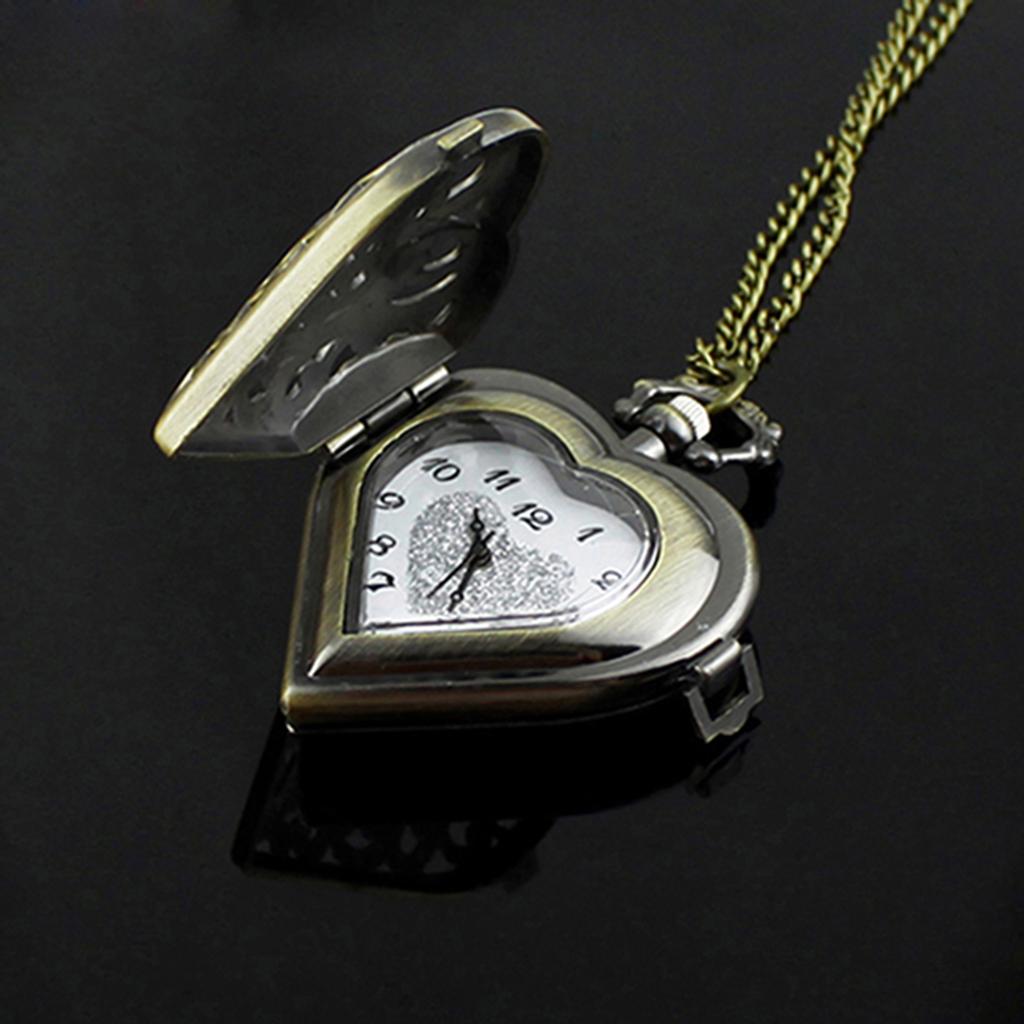 Women Vintage Hollow Heart-Shaped Pendant Long Chain Necklace Cute Pocket Watch