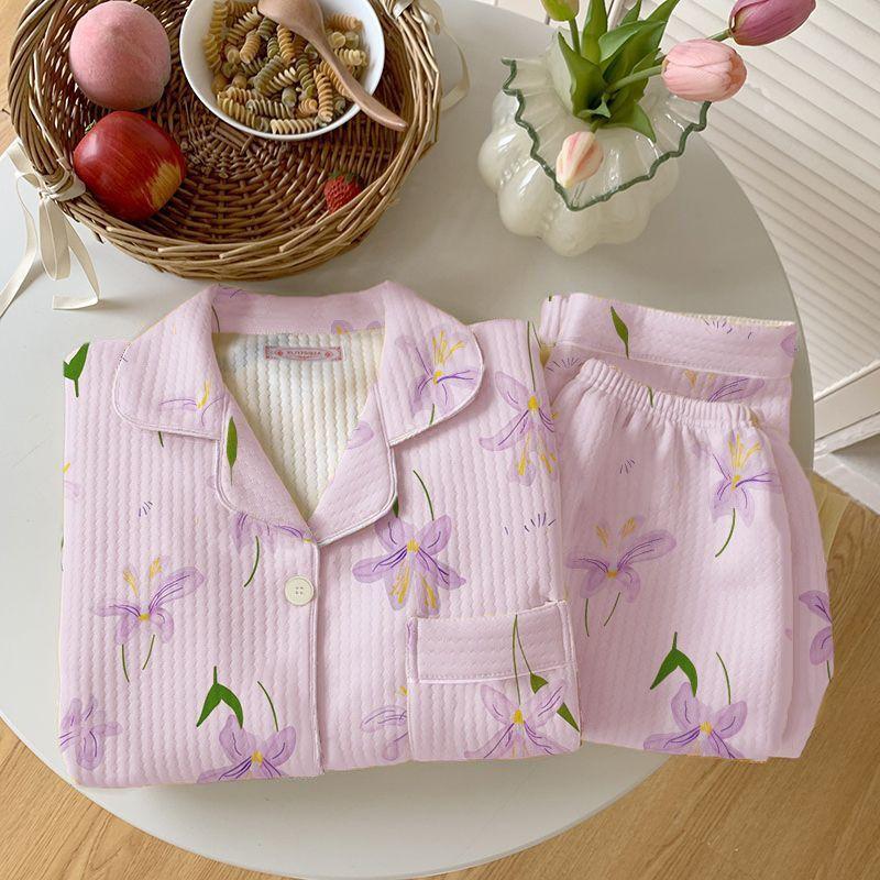 

Жіночий Потовщений Теплий Піжамний Комплект Осінь Зима Бавовняна Підкладка Довгий Рукав Принтований Кардиган Домашній Одяг Комплект з Двох Предметів L