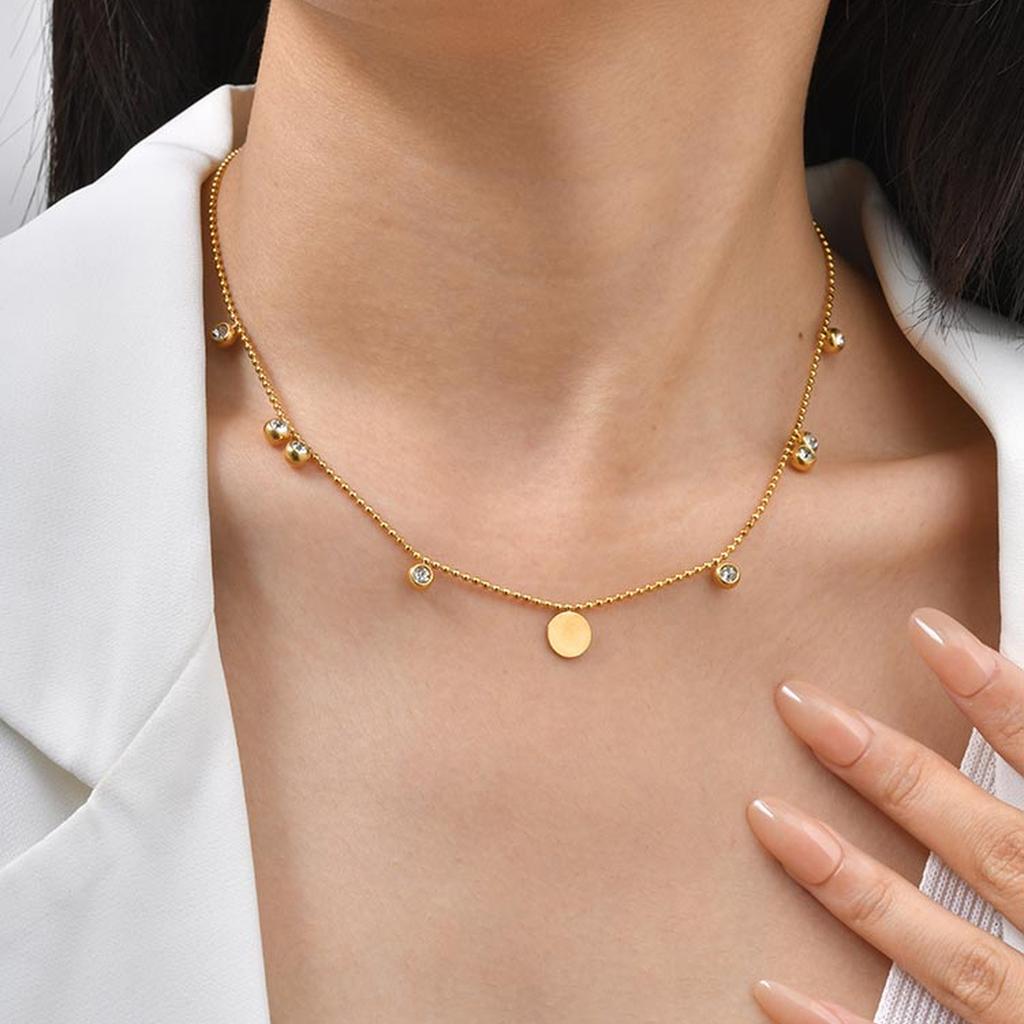 Wind Jewelry, Stainless Steel Disc Bead Chain Necklace, Slightly Inlaid Zircon Women'S Collarbone Chain Nc-2491