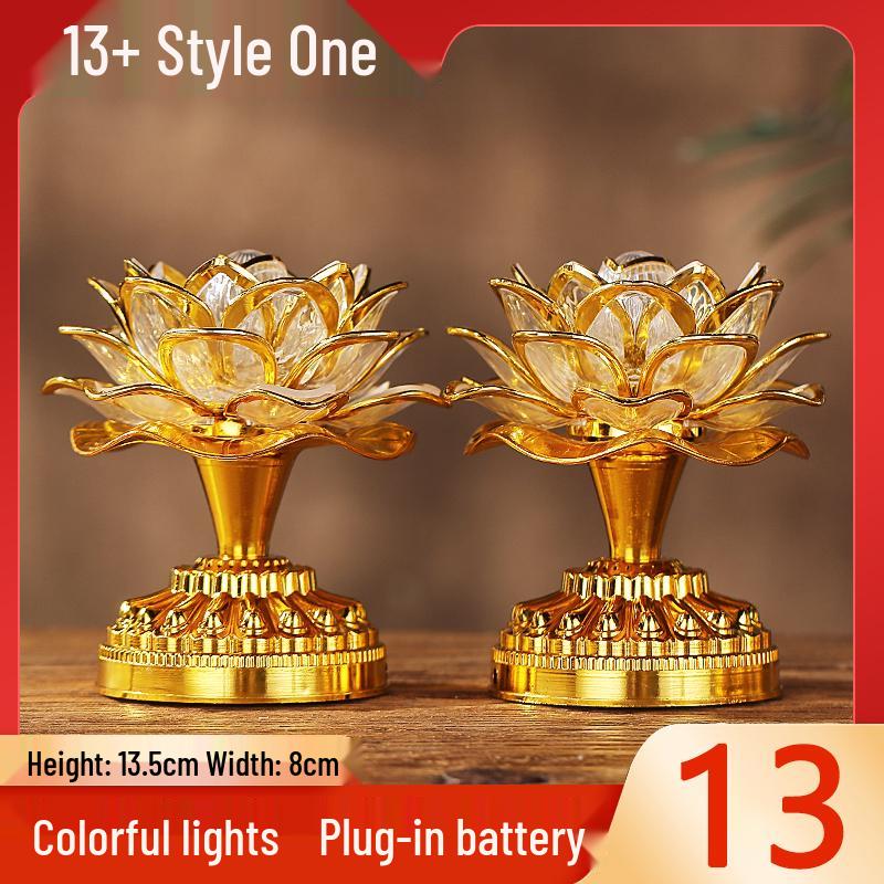Seven-Color LED Rechargeable Buddha Offering Lamp - Lotus Design for Home and Guanyin Devotion.