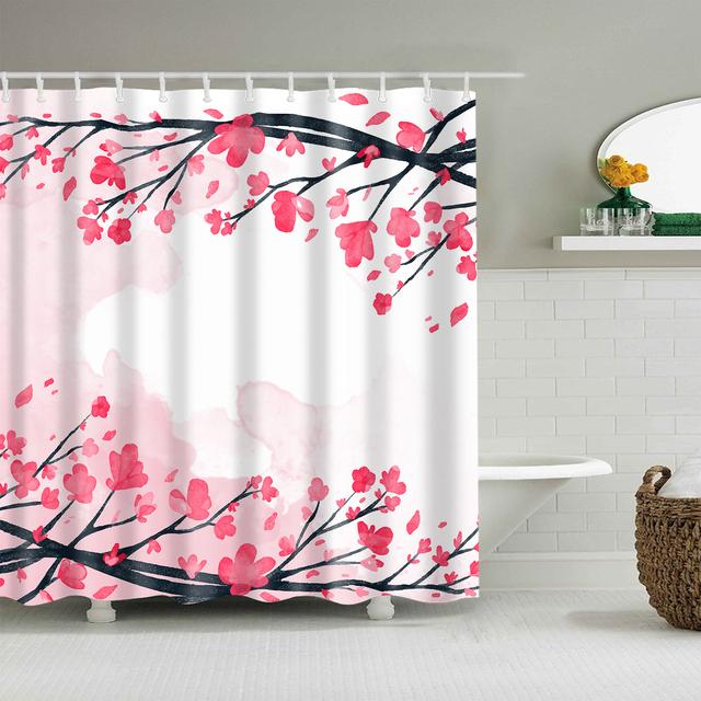 Japanese Style Cherry Blossoms Red Rose Shower Curtains Bathroom Curtain Frabic Waterproof Polyester Bathroom Curtain with Hooks