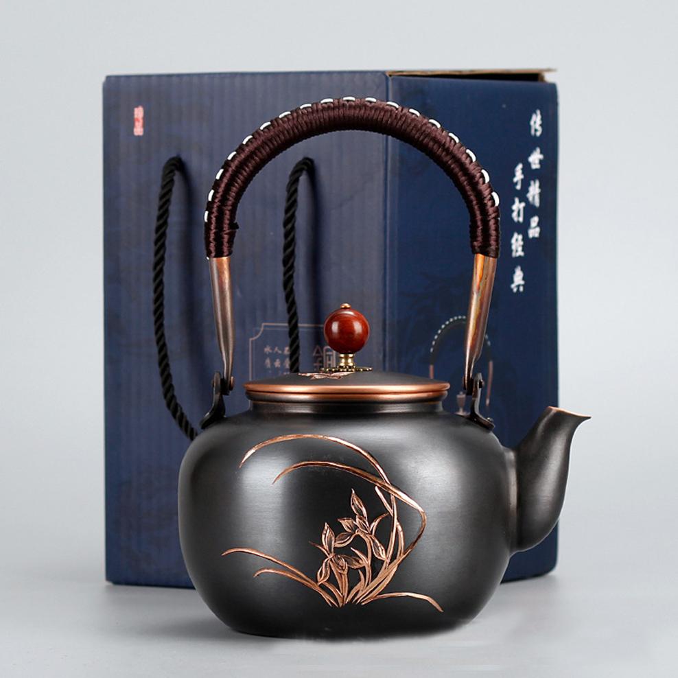 1300ML Red Copper Teapot Uncoated Roasted Black Pure Copper Boiling Water Kettle Retro Style Kung Fu Tea Set