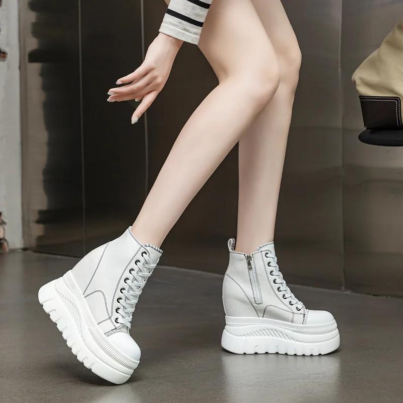 Fashion 12CM New Denim Women Breathable Platform Hidden Heels Shoes Genuine Leather Synthetic Chimney Fashion Spring Ankle Booties