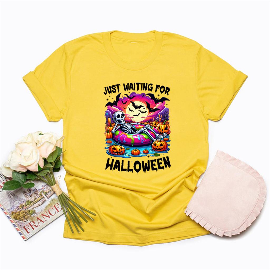 Just Waiting for Halloween T Shirt Skeleton Tshirt Funny Spooky Halloween Skeleton T Shirts Short Sleeve T-shirts Vintage Tees