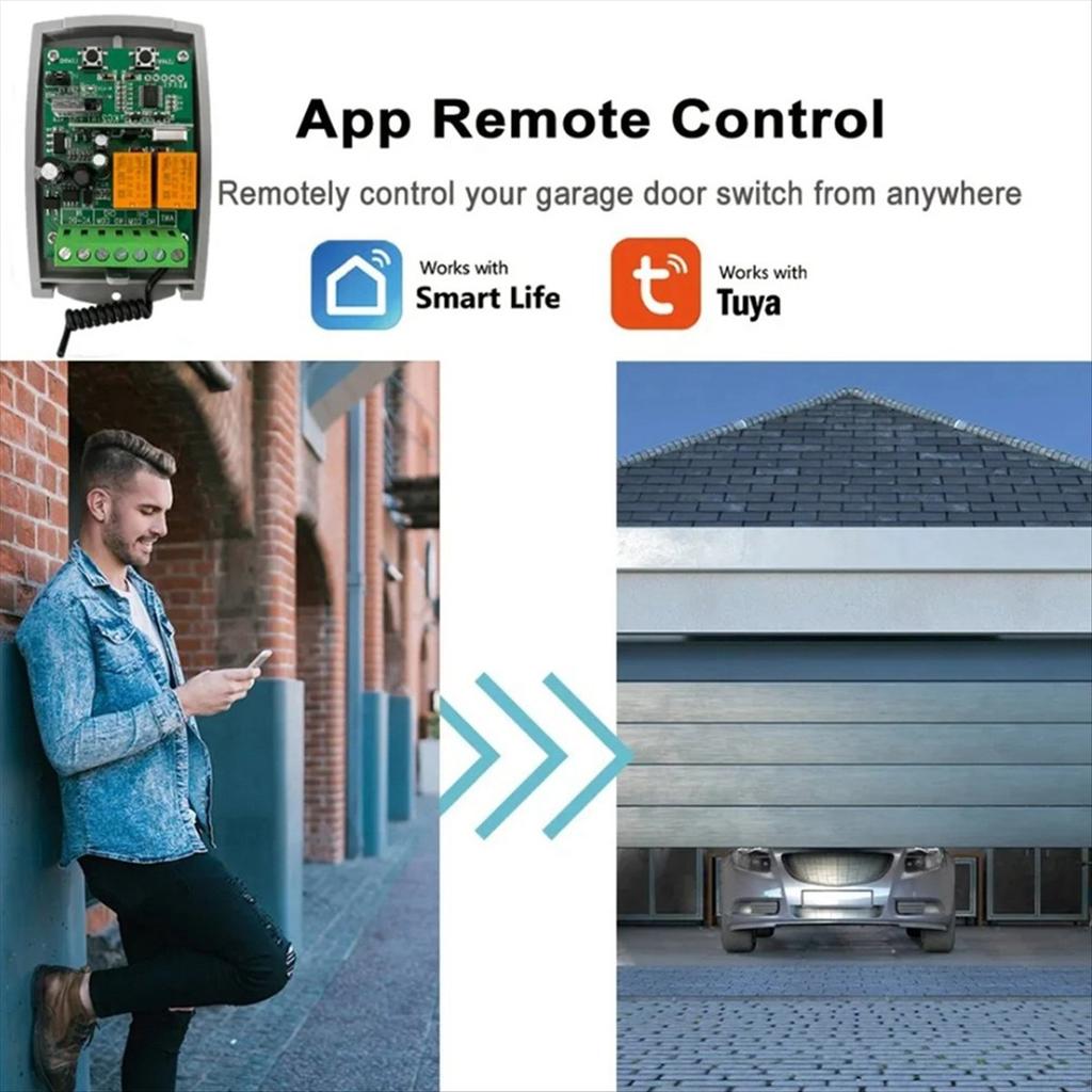 Tuya WIFI Smart Receiver 2CH 7-32V Garage Door Remote Control Opener Controller Rolling Code 433Mhz Transmitter