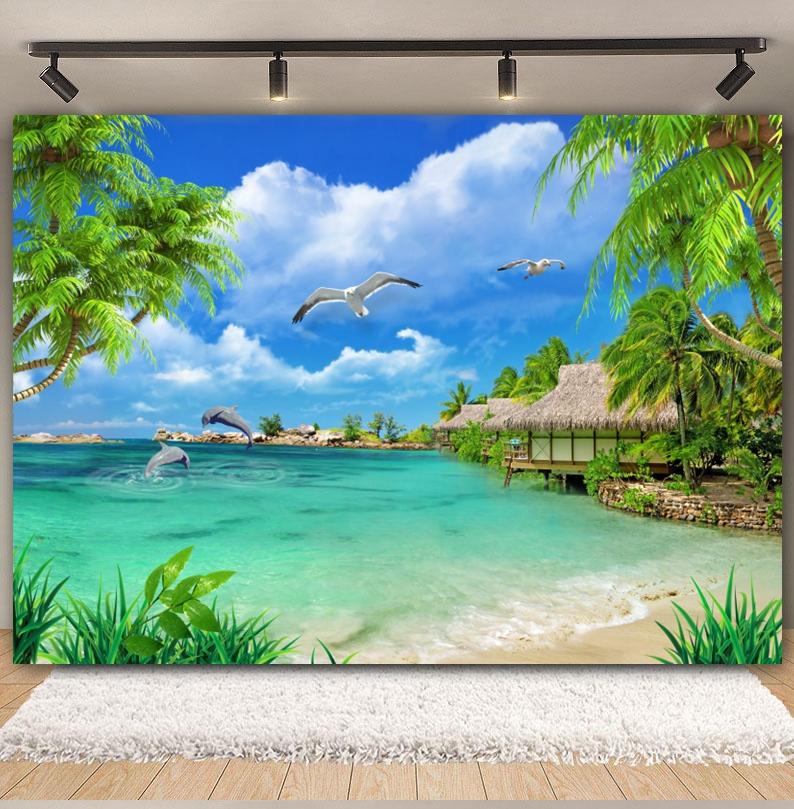 Tropischer Strand Hintergrund für Fotografie Sommer Hawaii Blaues Ozeanwasser Meeresufer Palme Kinder Feiertagsparty Foto Hintergrund Dekoration