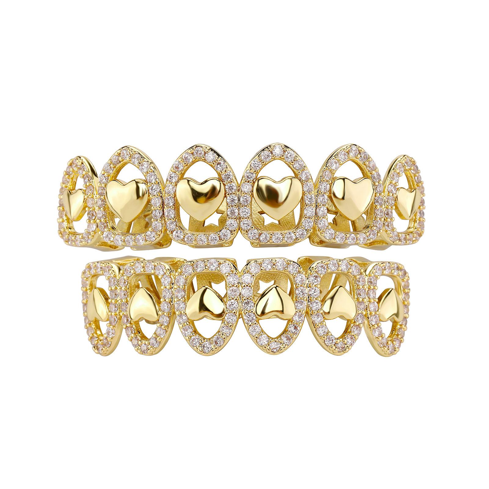 Factory Halloween Jewelry Gold Silver Metal Color Plating Brass and Zircon Six Piece Hollow Out Heart Hip Hop Grillz hip hop heart grillz