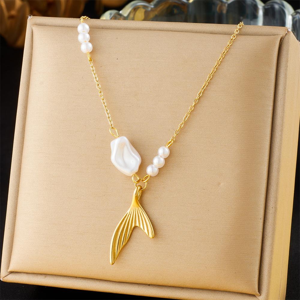 DIEYURO 316L Stainless Steell Pearl Golden Tail Pendant Necklace For Women Lady New Trend Fashion Neck Chain Jewelry Party Gift