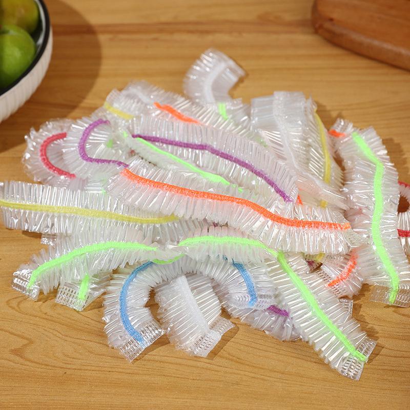 100 Stück Bunte Einweg-Lebensmittelabdeckung Obst-Lebensmittelabdeckung Elastischer Kunststoff Duschhaube Aufbewahrungsbeutel Küchenorganisator Frischhaltefolie