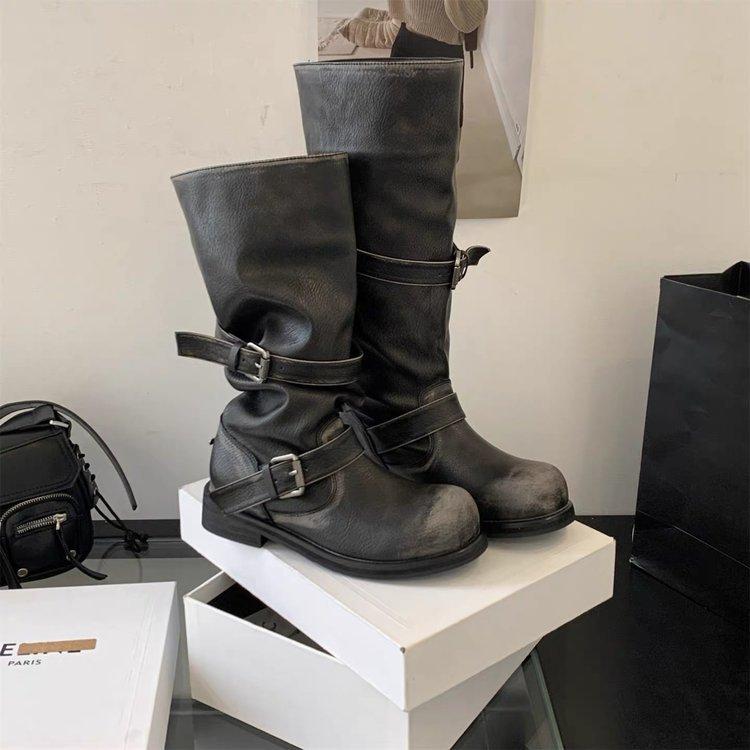 2025 Autumn and Winter New Korean Version Wide Tube Leather Thick Sole High Short Tube Two-wear Boots Women's Pile Boots Women's Knight Boots