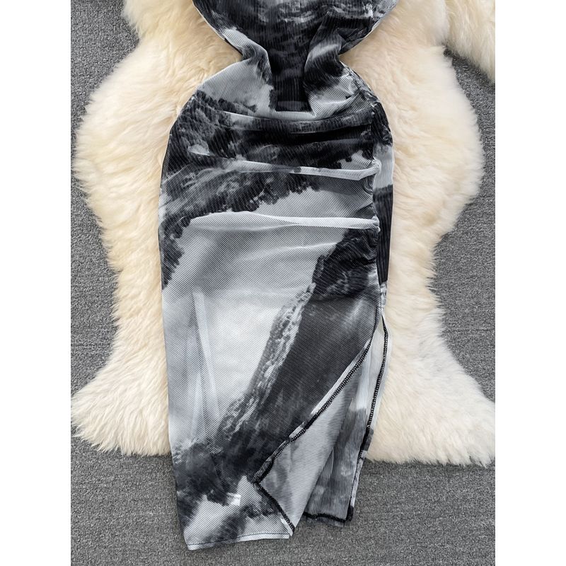 Retro National Style Round Neck Blooming Print Dress Mesh