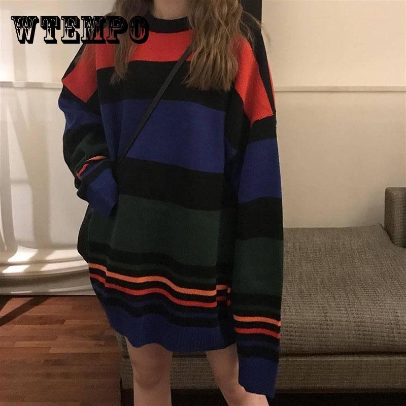 

Pofulove Осень Зима Красочный полосатый свитер Женщины средняя длина Круглая шея Свободный пуловер Пальто