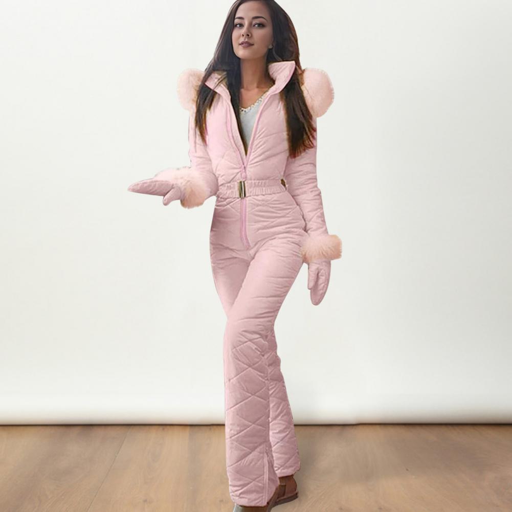 Ski Jacket Ski Jumpsuit Winter Women's Snowsuit with Gloves Hood Windproof Ski Outfit with Elastic Waist Zipper for Outdoor