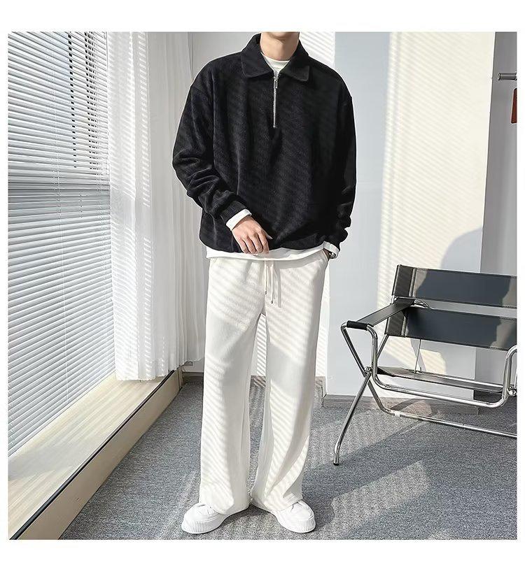 Men's Autumn Trendy Half-Zip Polo Hoodie - Cool Streetwear Lapel, Striped & Lightweight Jacket