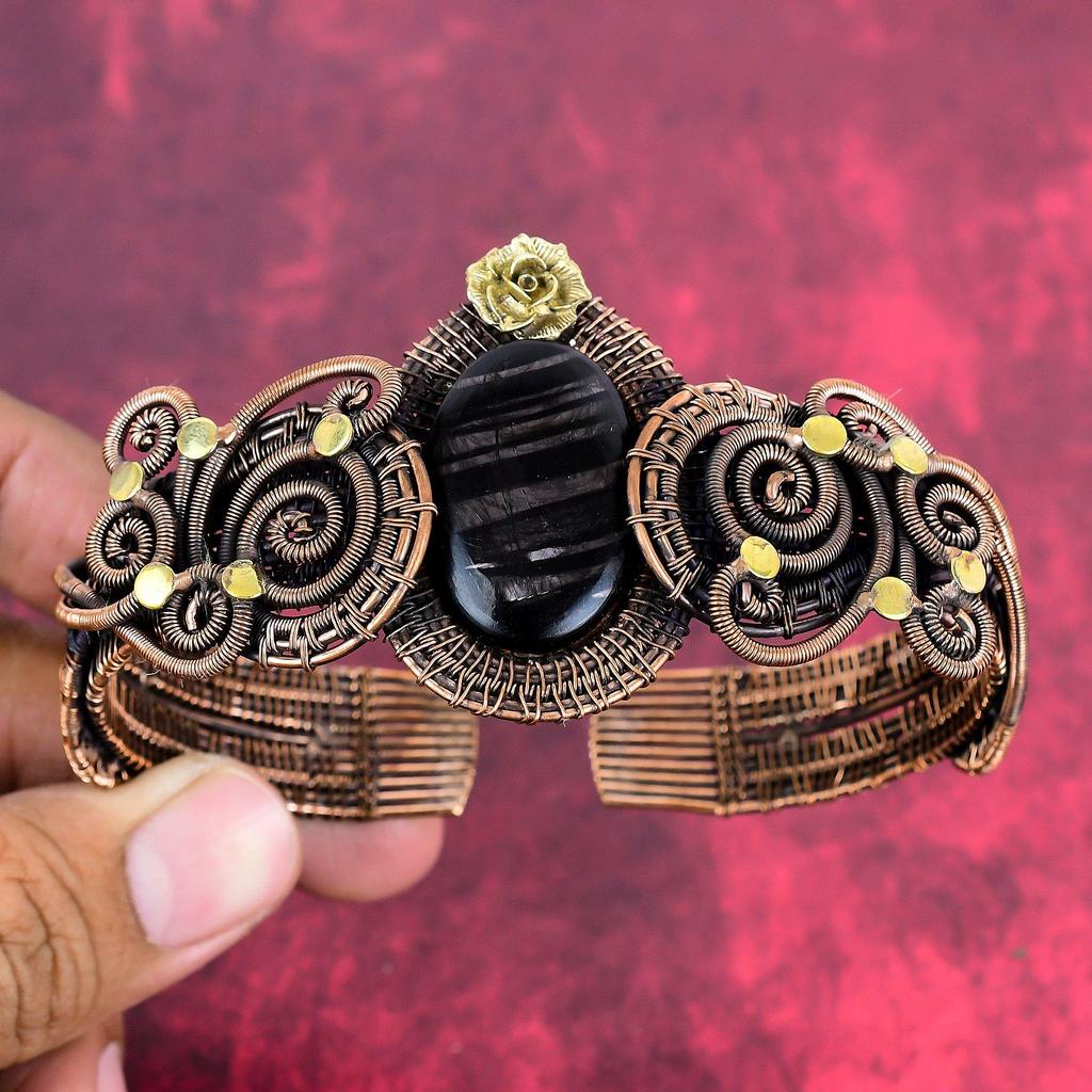 Hypersthene Bangle Copper Wire Wrapped Cuff Bracelet Adjustable Gemstone Bangle Copper Wire Wrap Jewelry Gift for Her Handmade Flower Bangle