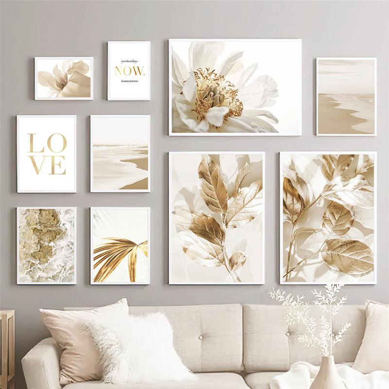 1pc Frameless Nordic Modern Art Picture Canvas Painting Golden Leaf Beach Landscape Poster and Printing Home Decor Living Room