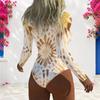 Women Plus Size One Piece Swimsuit High Neck Front Zip Long Sleeve Abstract Leaf Print