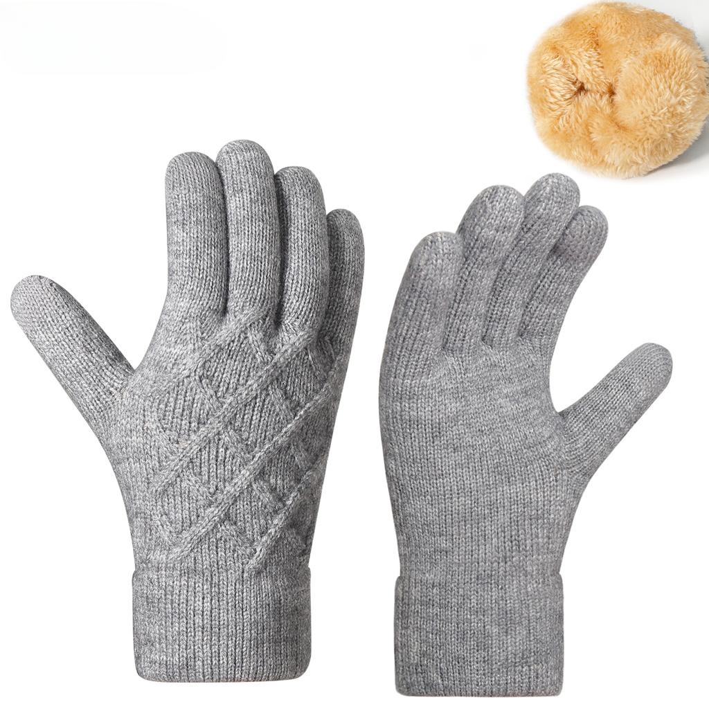 Women Autumn Winter Knit Gloves Double Layer Fleece Lined Thick Warm Minimalist Jacquard Touchscreen Gloves