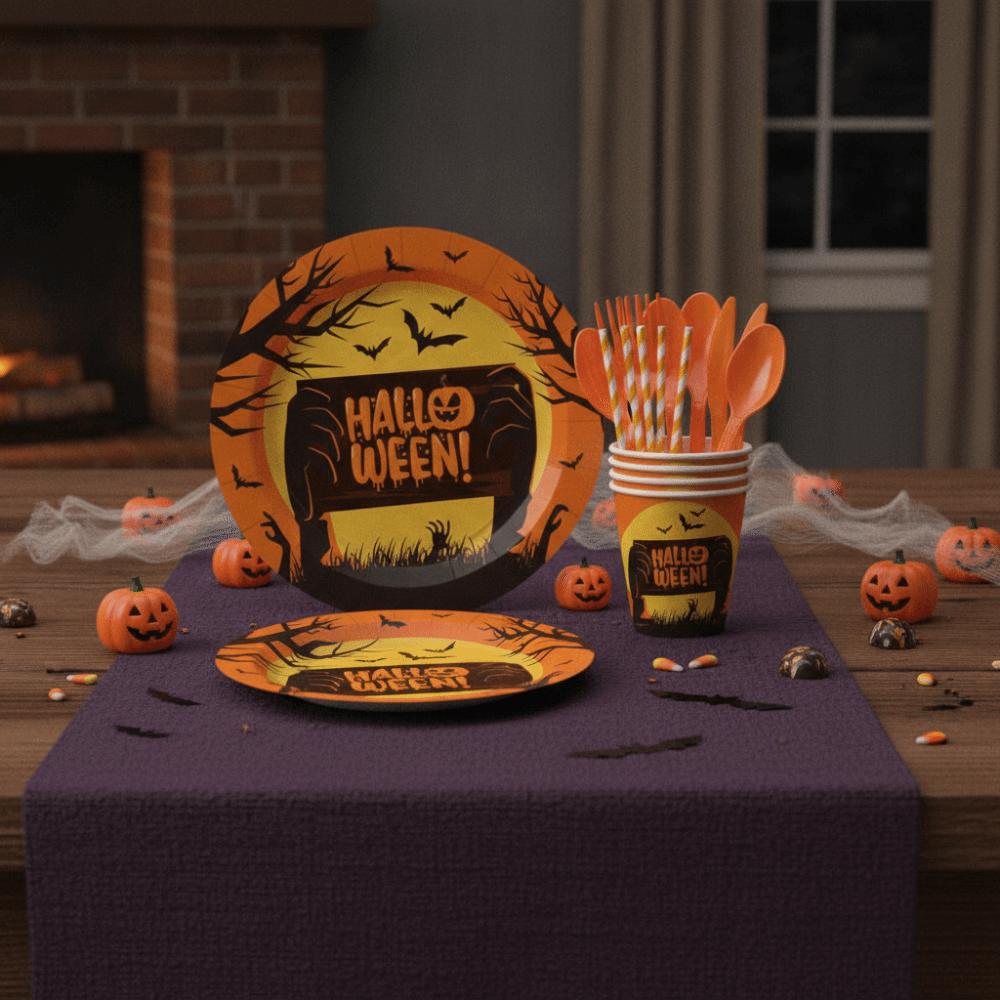 Pumpkin Pattern Disposable Plate Cup Set Paper Disposable Utensils Set Ghost Festival