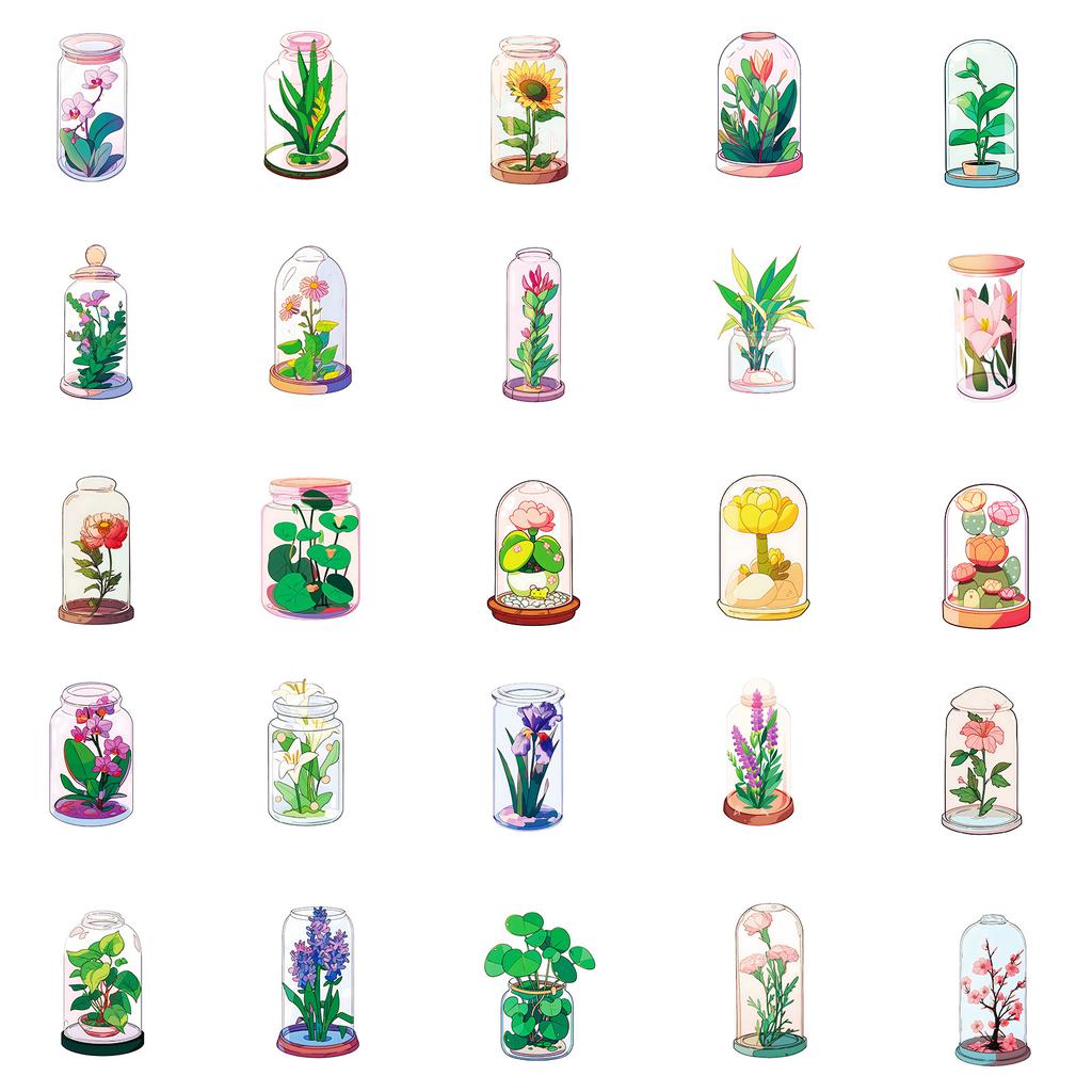 50 Cartoon Hand-Painted Romantic Glass Bottle Flower Theme Sticker Diy Creative Hand Account Decoration