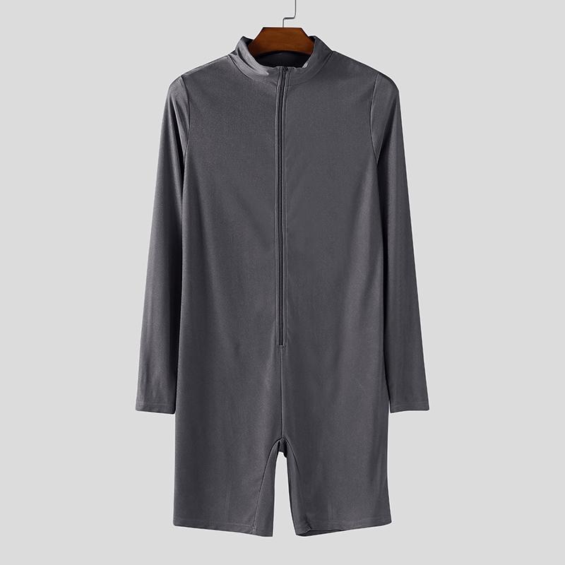 

INCERUN Мужской комбинезон-ромпер с длинным рукавом на молнии, однотонный, облегающий, пижама, комбинезон, боди, нижнее белье 2XL серый