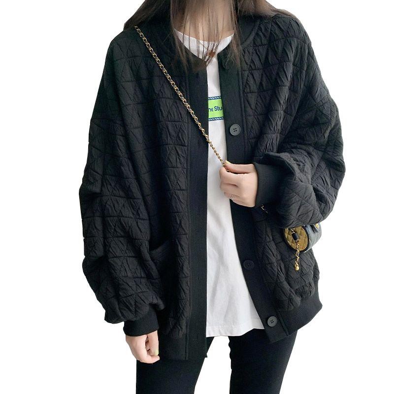 Women's Spring and Autumn Mid Length Solid Color Simple Diamond Grid Coat Loose Long Sleeve Round Neck Baseball Jacket