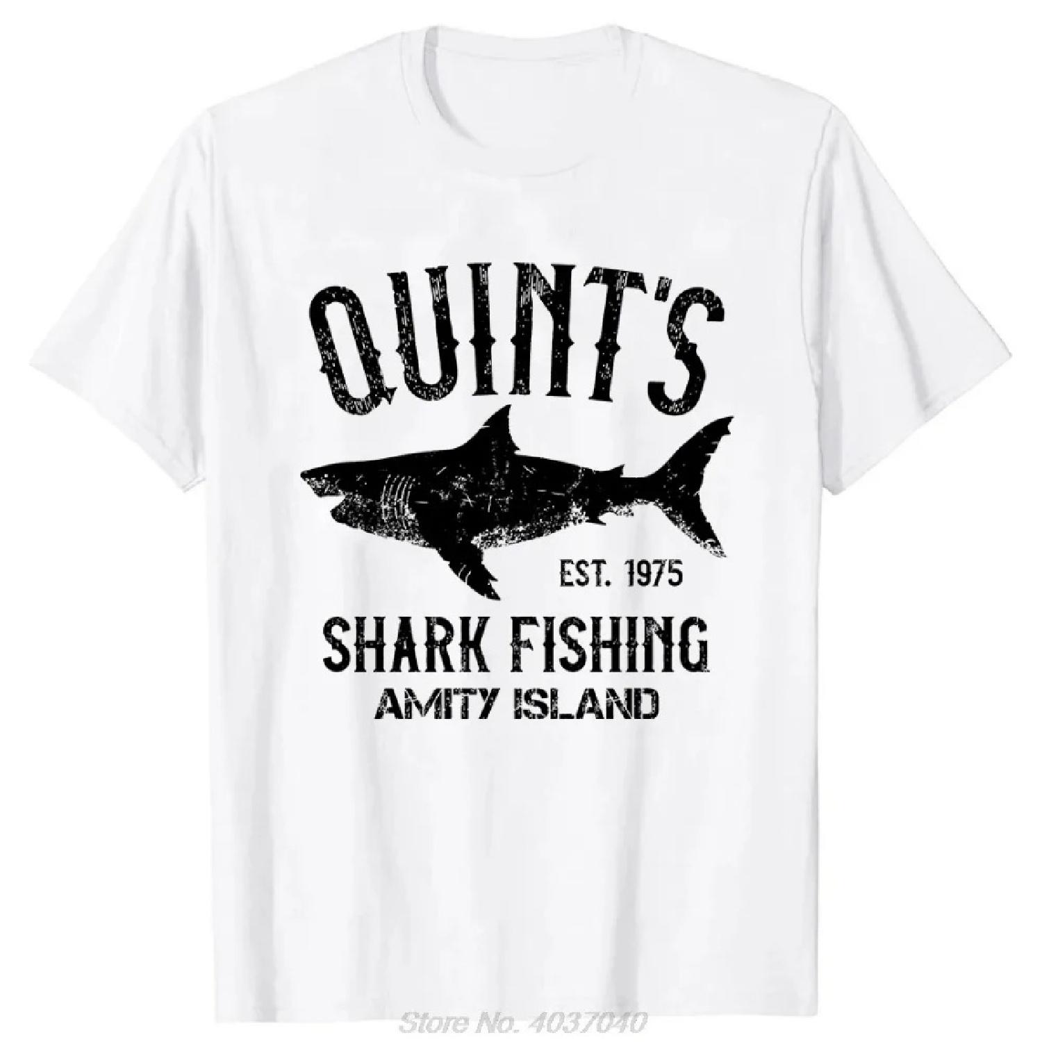 Quints Shark JAWS Amity Island 1975 Темно-синяя футболка Мужская одежда Повседневная базовая футболка Свободная Фитнес-футболка Футболки Топы S
