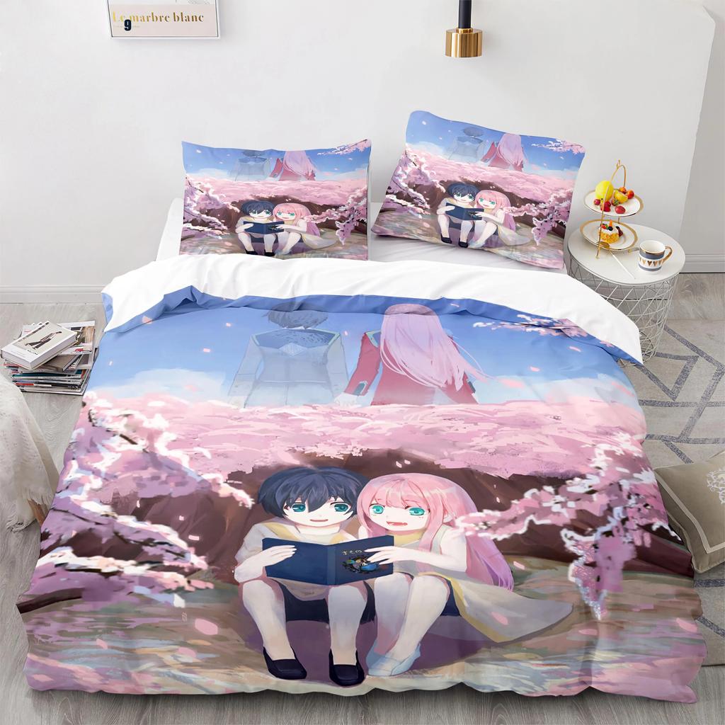 Nouveau Ensemble de Linge de Lit Darling In The Franxx Couvre-lit Simple Jumeau Complet Queen King Size Ensembles de Lits Aldult Kawaii Housse de Couette Famille 23 pièces