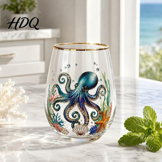 Hand-painted Glass Cup Hand Painted Tumbler Egg Shaped with Gold Rim Clear