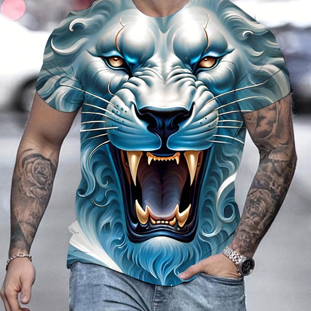 T-shirt da uomo con leone ruggente 3D Blu Freddo Grafica Re Animale Stampata Manica Corta Casual Girocollo Pullover Streetwear Punk Tee Top Abbigliamento da Uomo