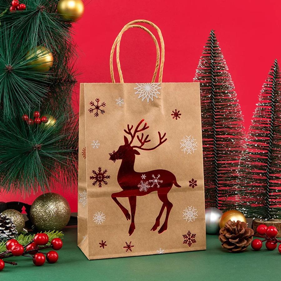 5PCS Christmas Tote Bag Christmas Eve Party Gifts Kraft Paper Gift Bags Hot Stamped Elk Snowflake Bags
