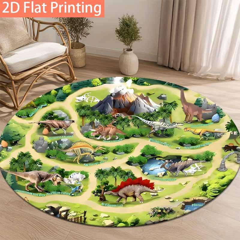 Round Dinosaur World Map Print Rug Non-slip Floor Mat for Kids Room Playroom Bedroom Home Decoration