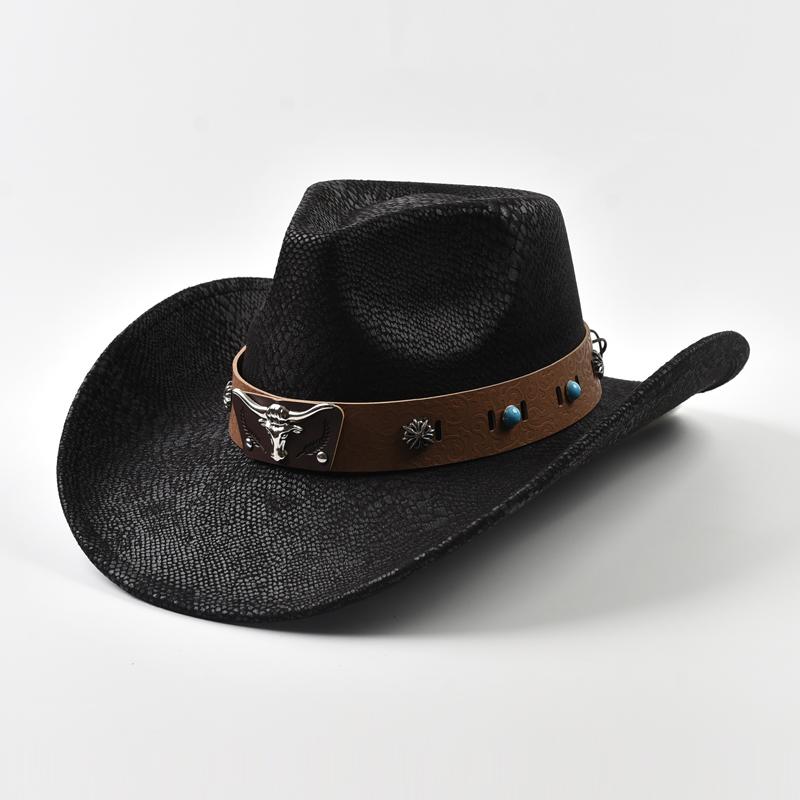 Fashion Cow Head Decorate Western Cowboy Hat Vintage Gentleman Jazz Hats for Men Panama Cowgirl Hat
