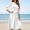Women's Fashion Casual Waistband Seven Sleeve Round Neck Solid Color Flowy Dresses