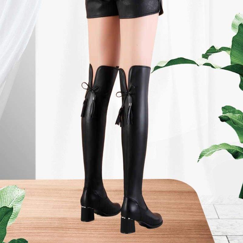 Lange Stiefel Damen superweiches echtes weiches Leder elastisch Herbst und Winter Samt warm spitz modisch neu dicke Absatzstiefel