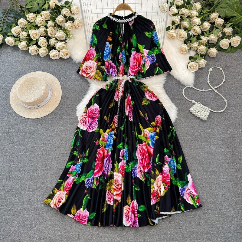 

Женское модное плиссированное платье с коротким рукавом, отделкой бисером, воротником-стойкой, утягивающим талию, с принтом One Size розовый/чёрный