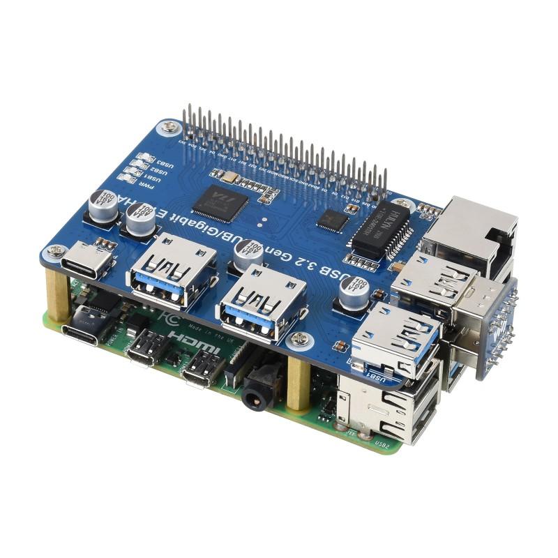 USB 3.2 Gen1 and Gigabit Ethernet HUB HAT for Raspberry Pi, 3x USB, 1x Gigabit ETH, Driver-Free