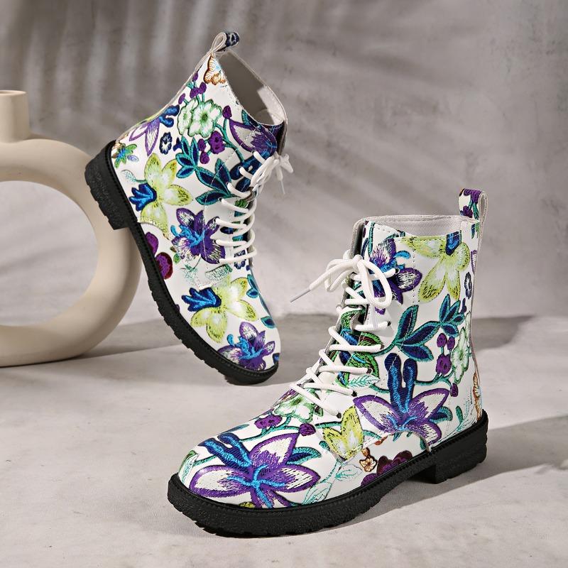 Fashion 2025 Plus Size Boots Women's Lace-up Booties Printed New European and American Fashion Platform British Short Cone
